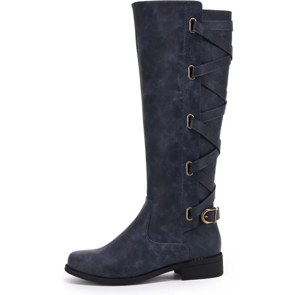 Womens Faux Leather Navy Strappy Motorcycle Knee High Riding Flat Lace Up Boots